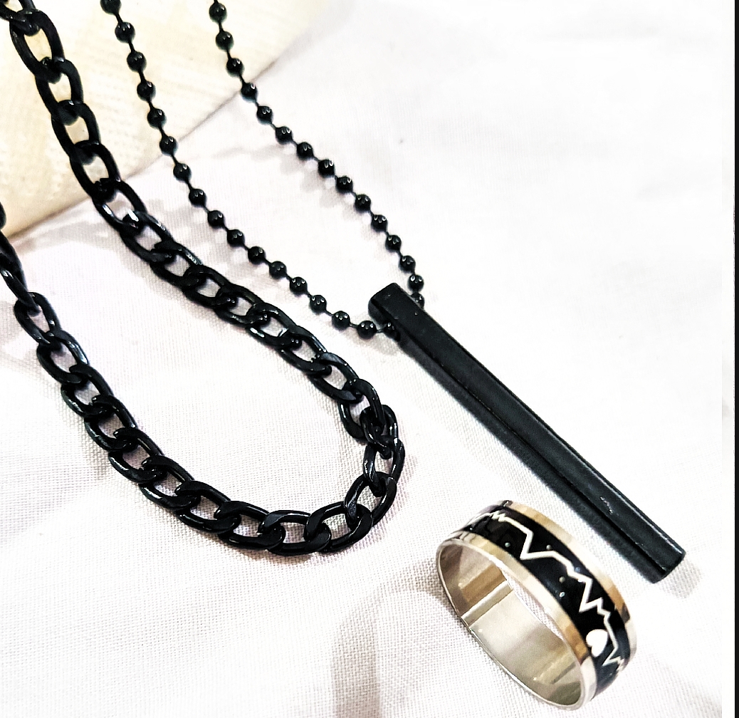 Top Trending stainless steel Jewelry set for men | Top Fashion High Quality Stainless Steel 3D Bar Stick Locket + Titanium Heartbeat Ring + Cuban chain Link Bracelet For Boys And Men | Mens Fashion Necklace Set.