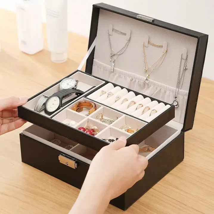 MyleCart Dual Layer Flap Jewelry Box Women Display Storage Case Large PU Leather Jewelry Holder with Earring Flap Lock for Earring Ring Necklace Bracelet
