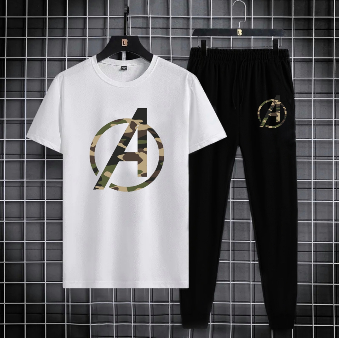 TRACKSUIT - White Camouflage Avengers Printed Tracksuit For Men - Soft & Comfy Fabric Tshirt & Trouser Commando Printed Tracksuit