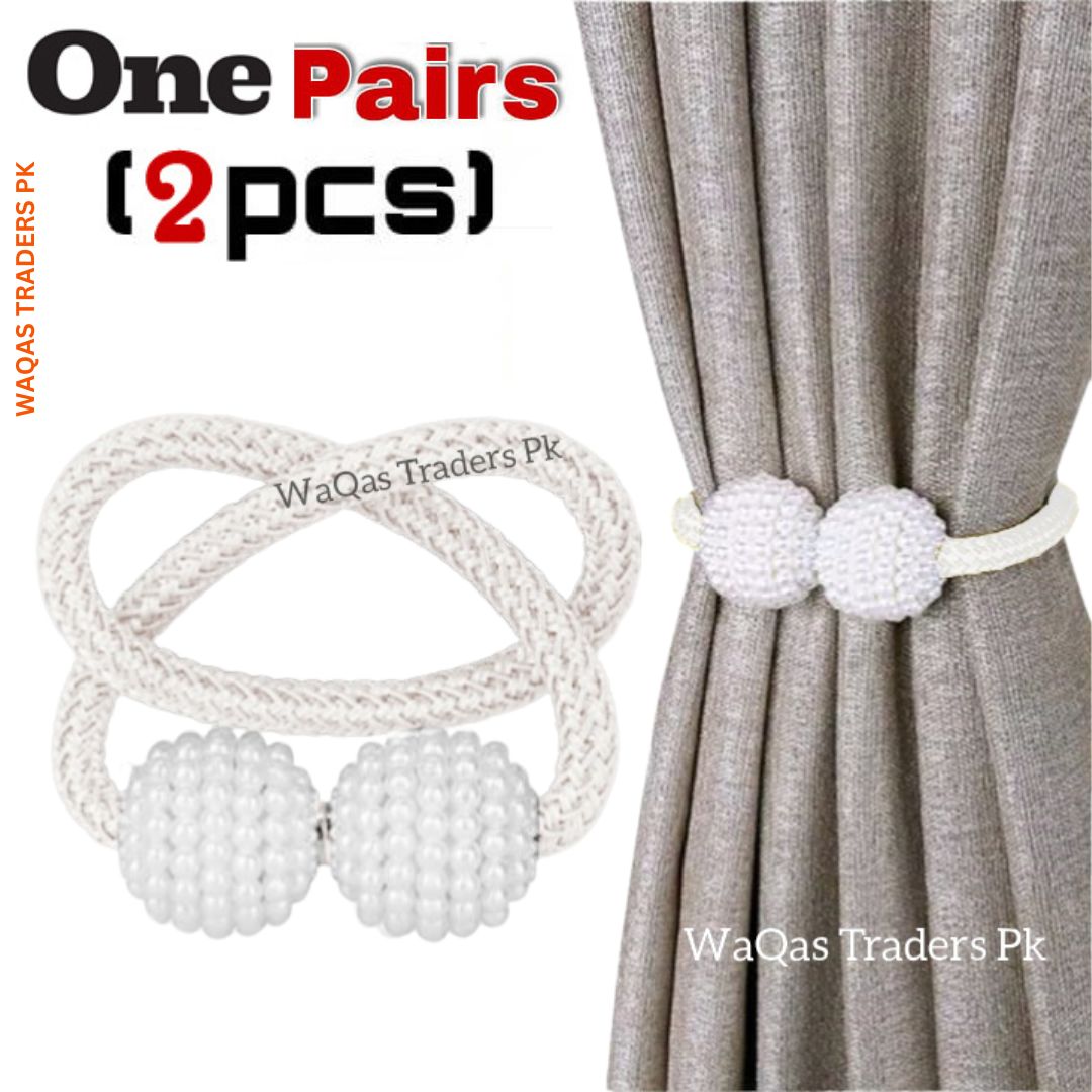 2 PCS Magnetic Pearl Curtain Buckle Magnetic Curtain Tiebacks Convenient Drape Tie European Style Decorative Weave Rope Curtain Rings & Buckles Holder for Window Sheer Blackout Draperies, Braided Straps Ball Buckles,  Parday