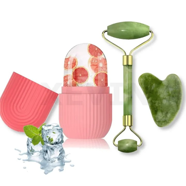 Face Stone Jade Roller Massager with Gua Sha Stone And Ice Roller Multicolour Set Facial Roller 100% Natural Stone Jade Roller For Skin Eye Neck Body Ice Cube