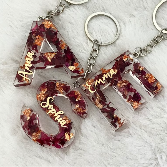 Real rose keychain- with name- customized resin keychain A-Z