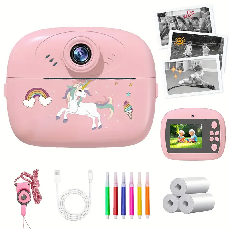 New Kids Camera with Instant Print, 2.4-Inch Large Screen, Includes 3 Thermal Printing Papers, Lanyard, Instructions, Brush, Charging Cable, Instant Photo Printing and Fun Creative Frame Function, Rechargeable Battery High-Definition Dual Lens