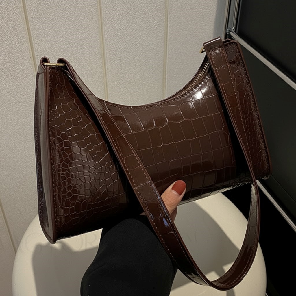 Premium Crocodile Pattern Shoulder Bag For Women - Fashion PU Leather Crocodile Texture Underarm Crescent Handbag - Elegant Girls Crocodile Print Small Shoulder Purse