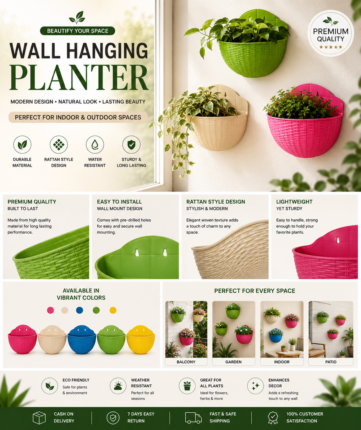 Wall Hanging Planter for Indoor & Outdoor Plants – Modern Rattan Style Hanging Pot for Balcony, Garden & Home Decor, Lightweight Durable Wall Mounted Planter for Flowers & Herbs