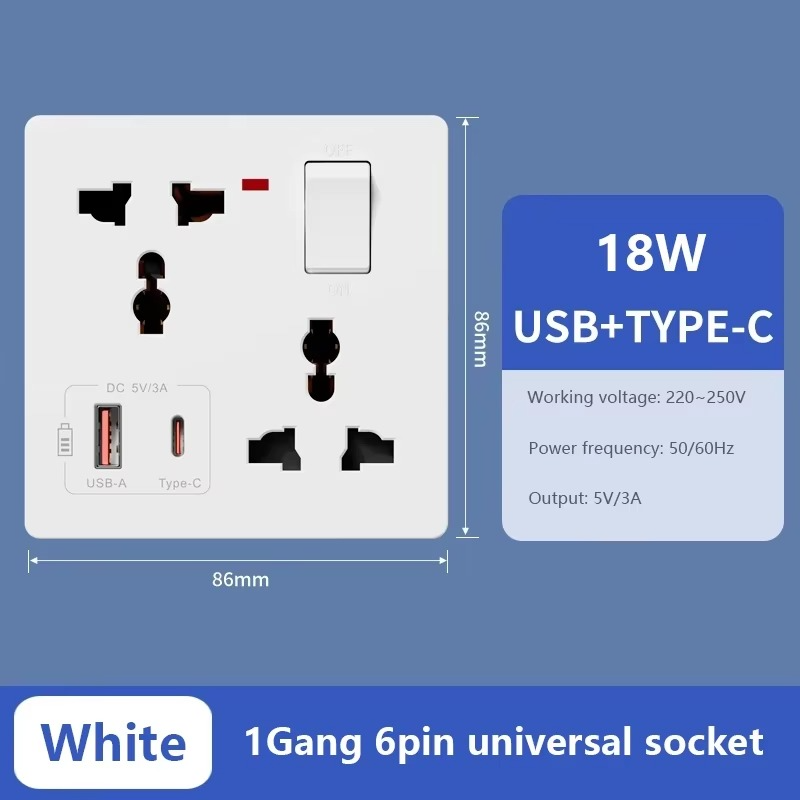 Universal 6-pin Wall Socket panel,UK Electrical Outlet with DC 5V 3A Type-c USB Charger,Mobile phone charging Type C Wall Socket