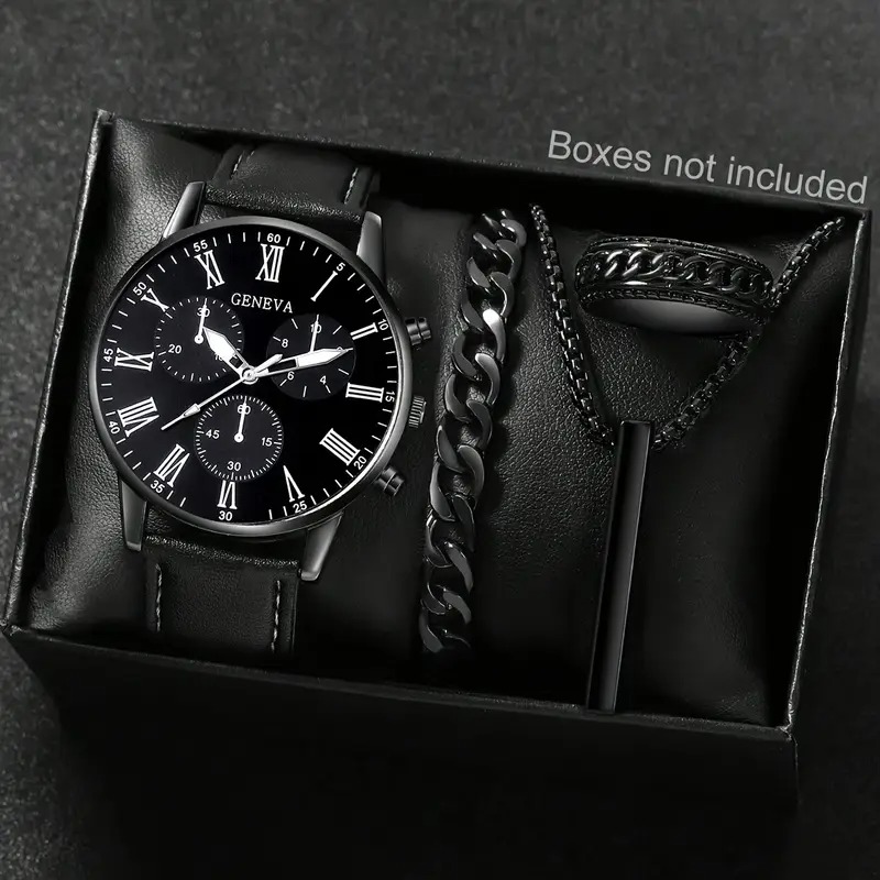4 Pcs Men Women Fashion Watch Set Quartz Round Dial Roman Numeral Watch Necklace Bracelet Ring Gift Set