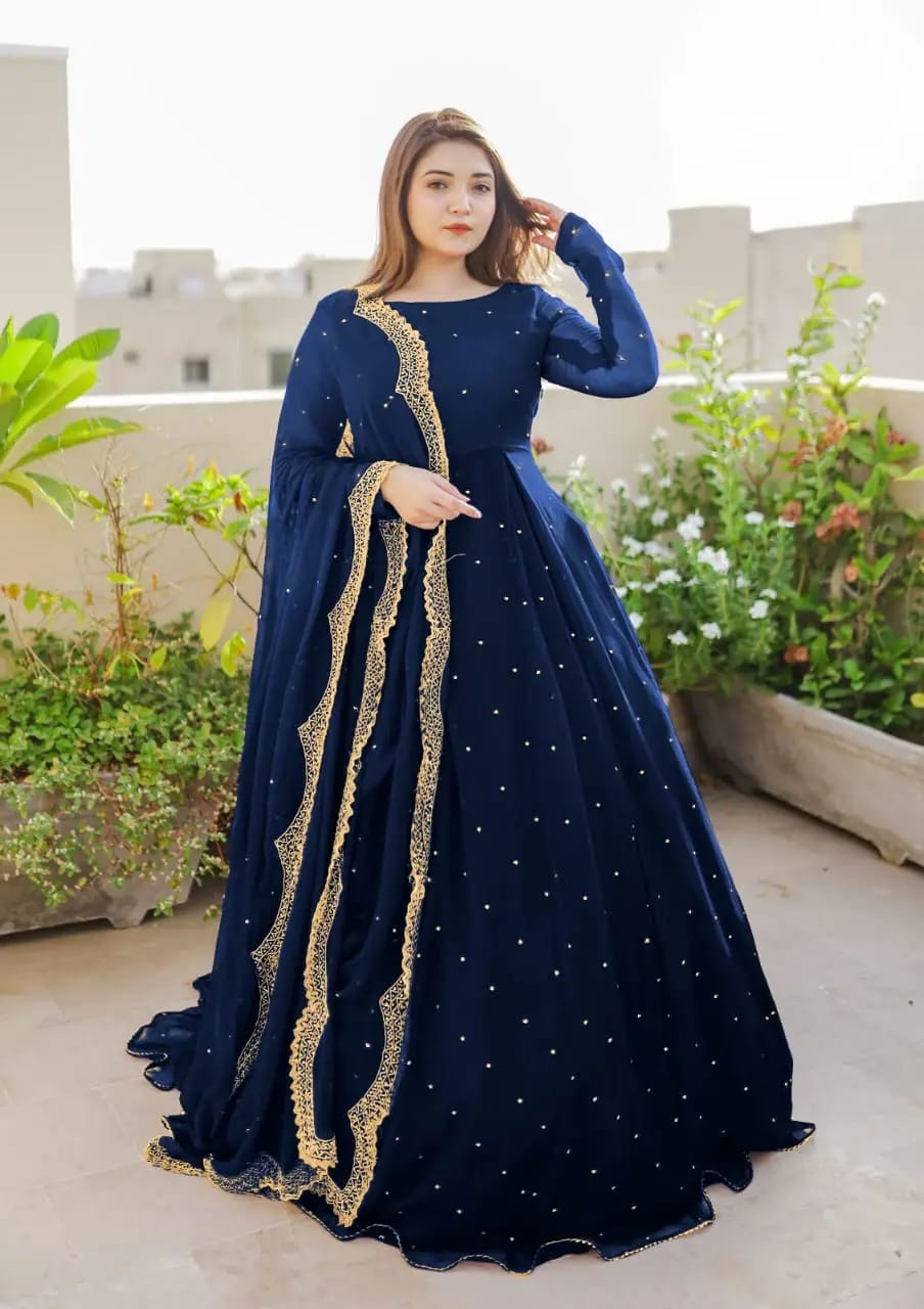 Women Dresses Embroidered -- MaxiNew Design -- Chiffon Suits -- Front And Back Pearls And Lace Work Long Flare Maxi -- Ready To Wear -- Emb & Pearls Work Dupatta 3pcs