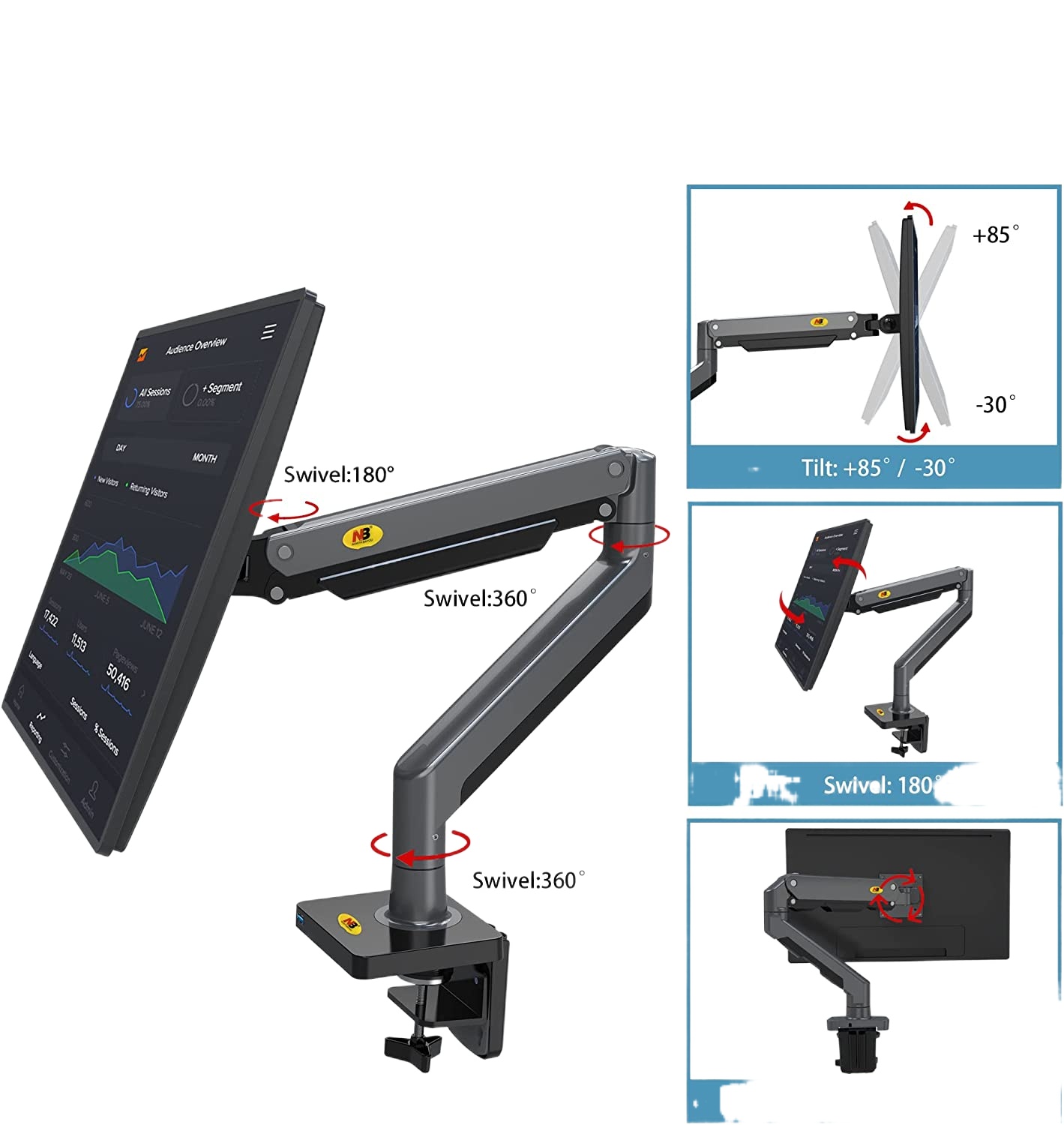 NB North Bayou H100 Monitor Desk Mount Stand Full Motion, 43 OFF