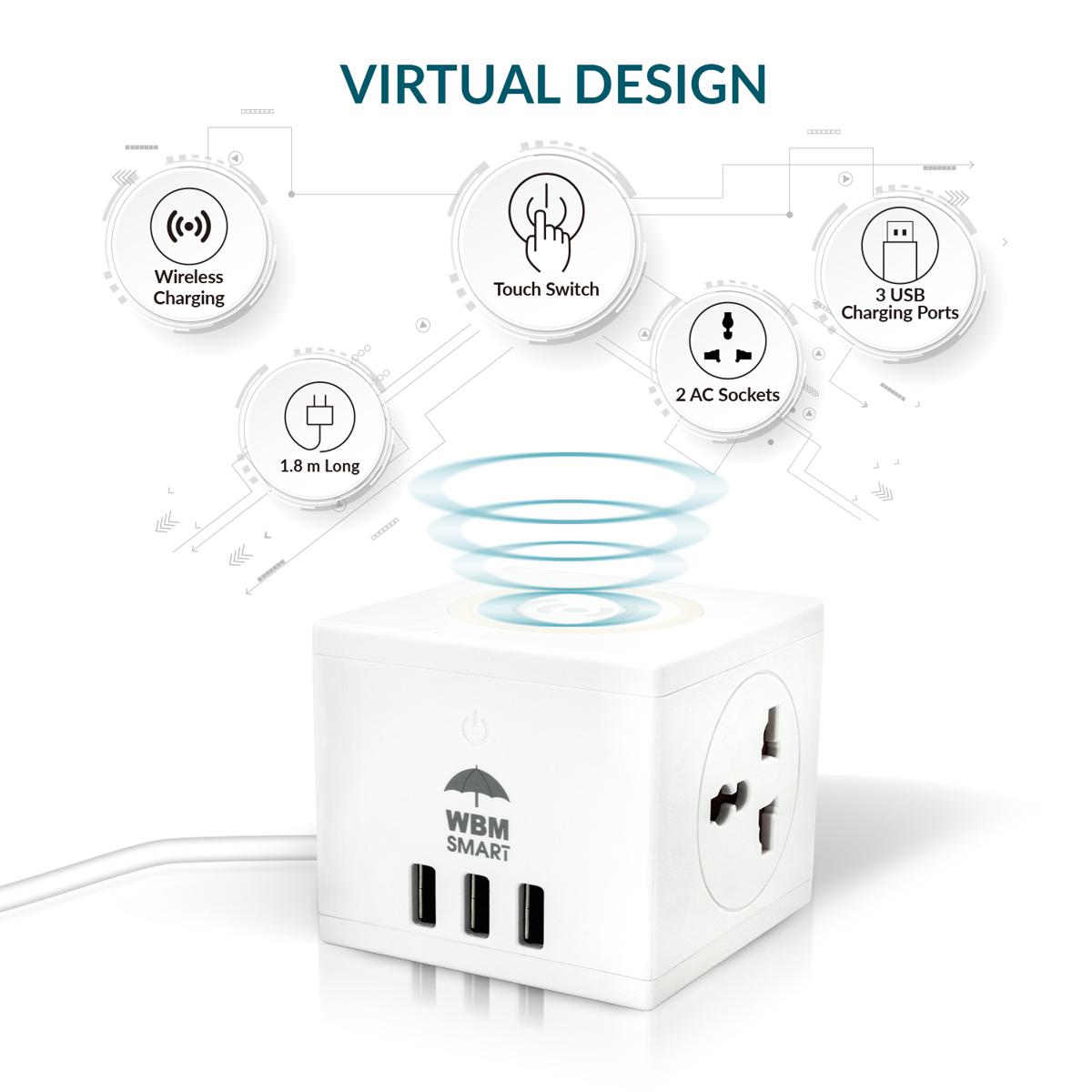 WBM 3 in 1 Universal Extension Board with Wireless Mobile Charger, 1.8m Cord & 3 USB Fast Charging Ports