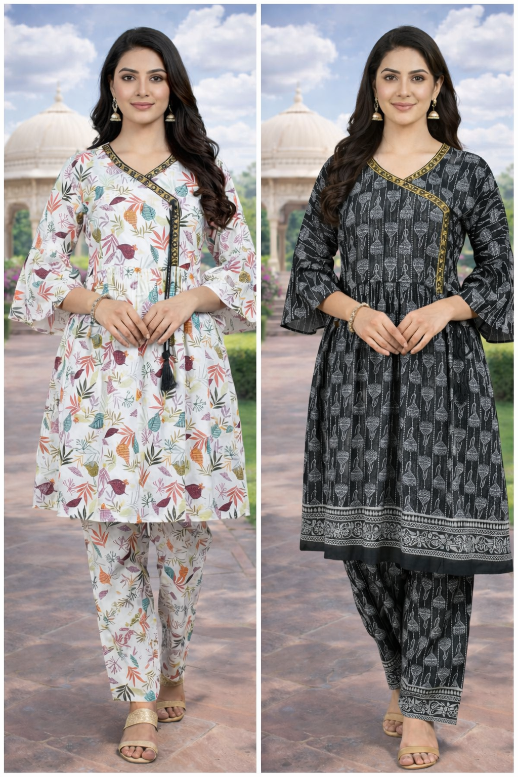 Stylish Angrakha Dori Frock 2 Piece – Floral Lawn Palazzo Suite Stitched floral Printed Cotton Angrakha Style