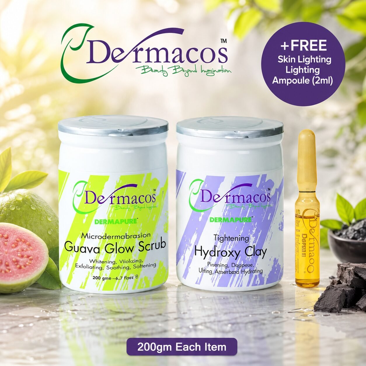 Guava Glow Scrub + Hydroxy Clay (200gm Each) Pack of 2 Deal + Skin Brightening Ampoule (2ml) | Personal Care Set