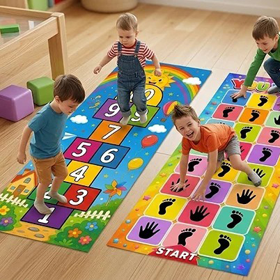2 Set - Hopscotch Hand and feet Jumping Jumbo Floor Play Mat Size 60 x 24 Inch Children Physical and Healthy Activity Playing Mat Toy Educational Learning Waterproof Flex Sheet Playmat for Kids Boys and Girls Panaflex Toys Perfect Game Friends and Family