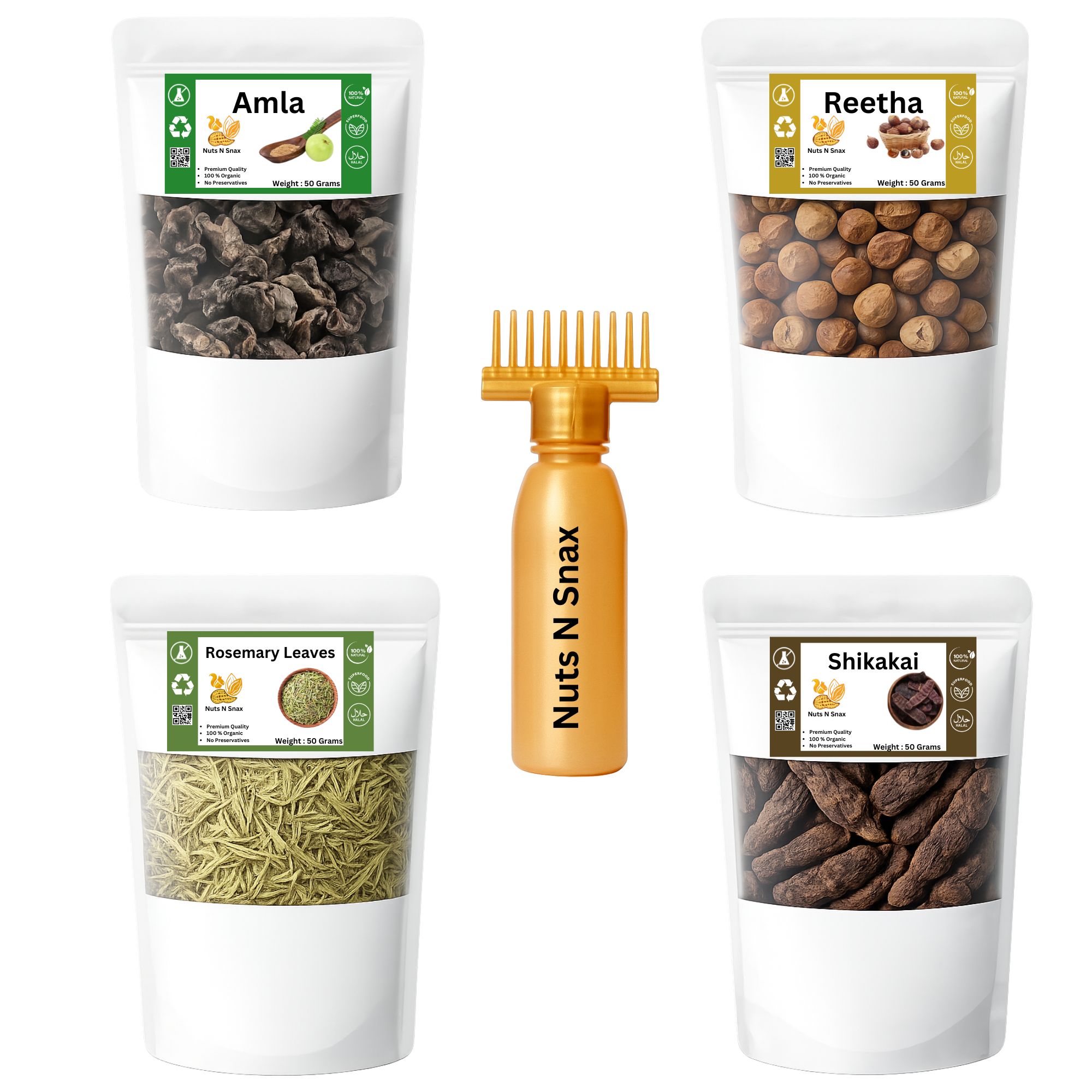 Rosemary Leaves Amla Reetha Shikakai Whole Sabut with hair oil applicator comb 50 grams each for hair By Nuts N Snax