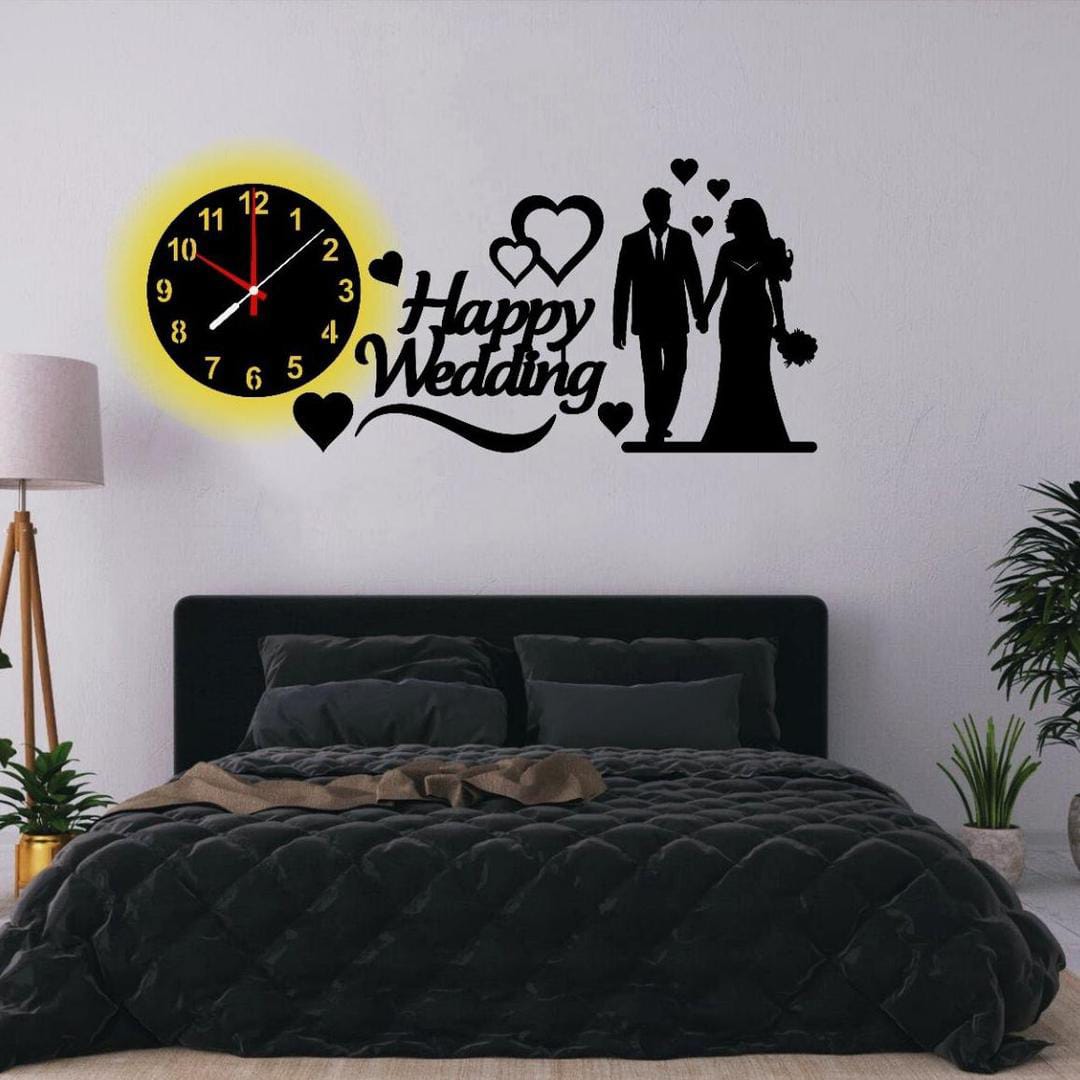 Happy Wedding Wooden Wall Clock [ 3D Wooden LED Wall Clocks | Clocks for Rooms Decoration Items for Wall Decor Ideas | 3d Laser Cut DIY Design Wall Watch for Home Decor Living Room | Wooden Clock Wall Stylish for Bedroom