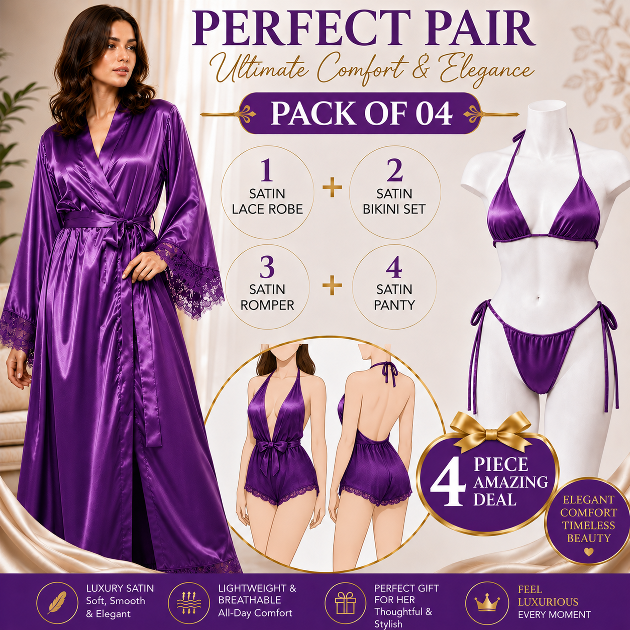 Pack of 04 - Pure Satin silk saxy hot honey moon nighty set, saxy nighty, saxy nighty dress for women, saxy night suit for girls, hot saxy night suit for Girls, Satin Silk Gown Night Dress Satin Robe Short Kimono for Bride Lace with Inner & Bikni - Purple