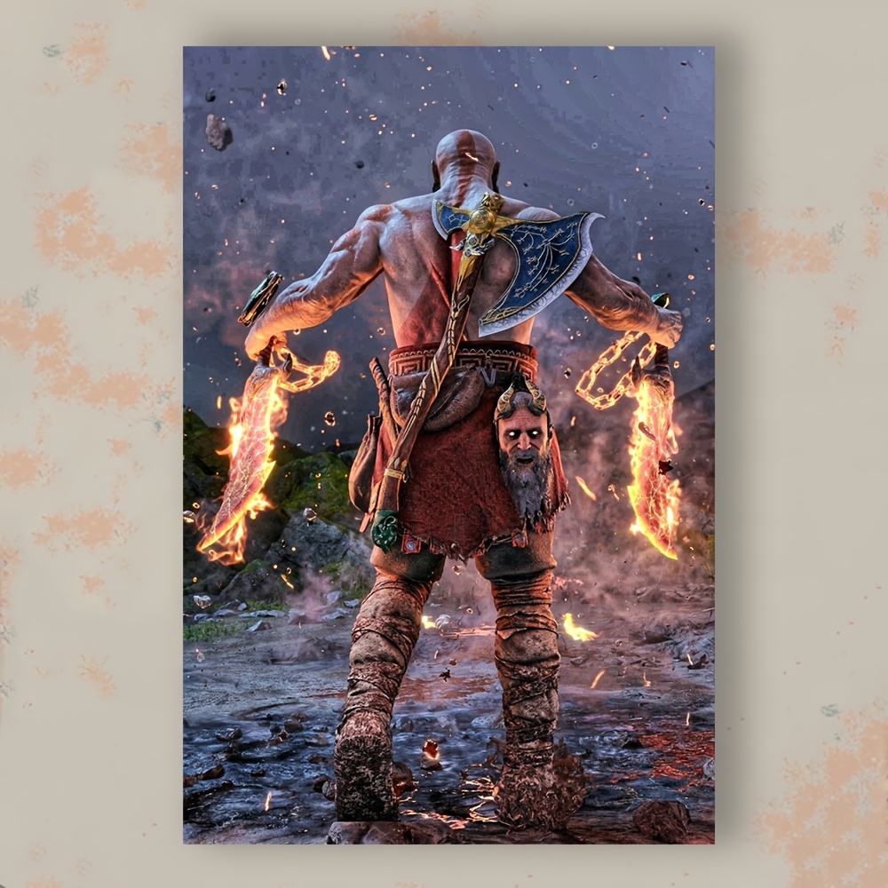 1pc Kratos Action Photo Frame, 8x12 Inches Print with Norse Mythology Battle Scene, Video Game Decor for Living Room, Gaming Setup.