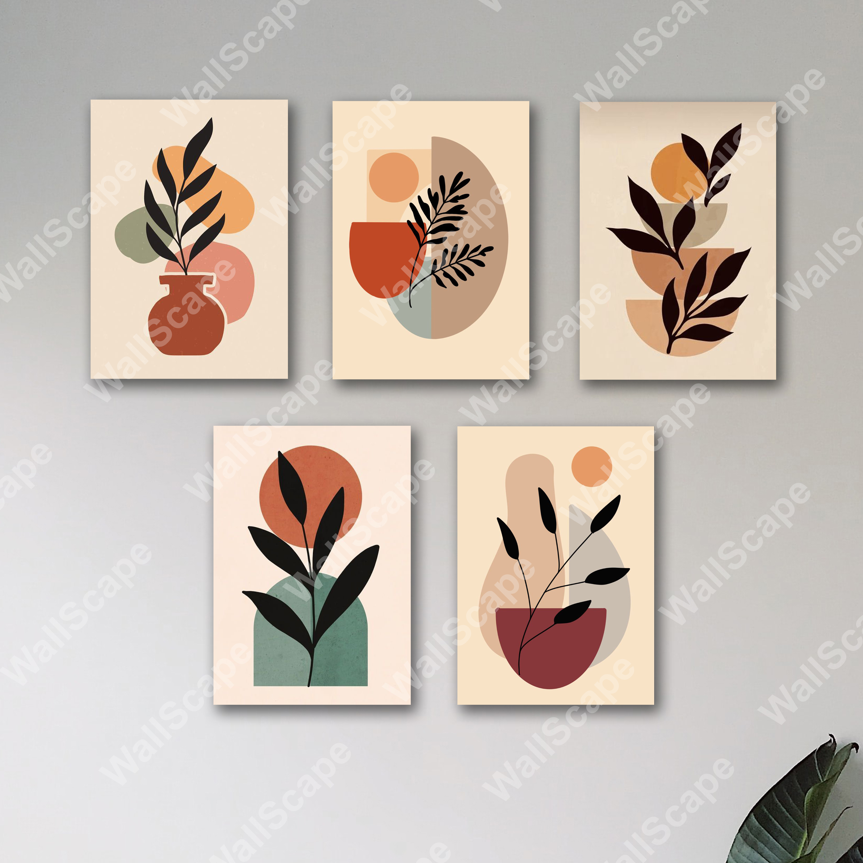 set of 5 boho abstract art aesthetic wooden sticky phototile frames for wall decoration