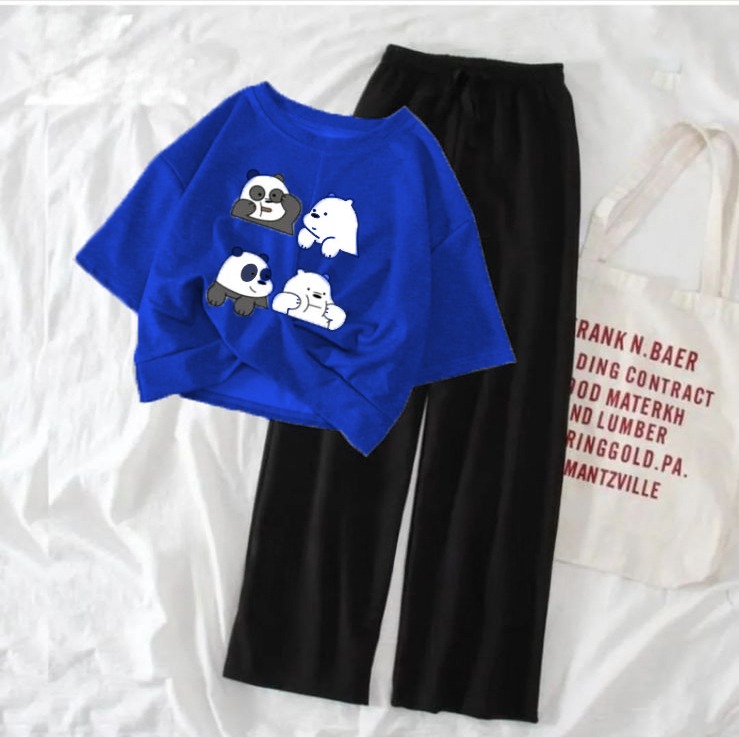 New Women's Cartoon Print Crop Top and Flapper Trouser Set - Comfortable Fashion Top & Wide Leg Pants