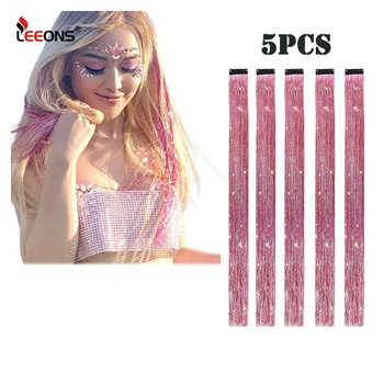 5Pcs Pack Sparkling Shiny Tinsel Hair Extensions - Light Pink