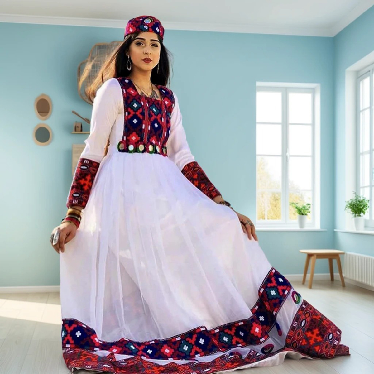 Traditional Yellow Afghani Dress – Hand-Embroidered Mirror Work