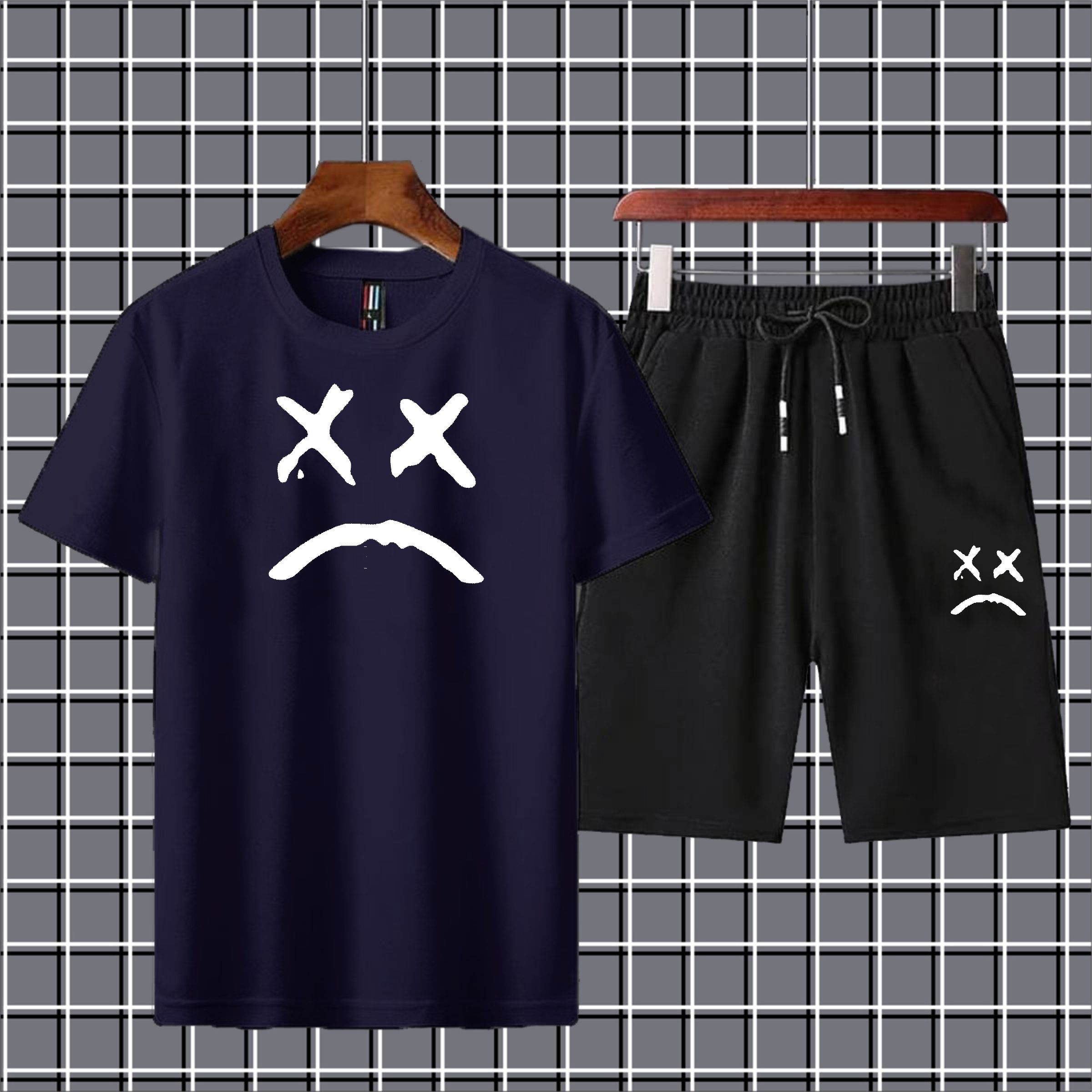 Sad face printed summer short tracksuit premium quality soft & comfortable fabric gym wear Tshirt+short tracksuit for men&boys
