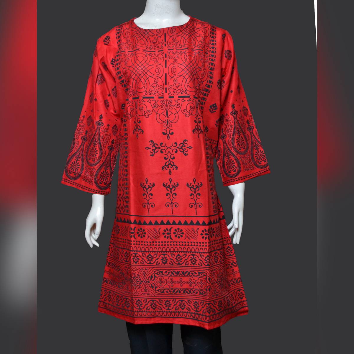 Dzyne Red Printed Stitched Kurti For Ladies