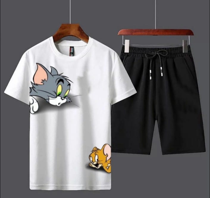 Tracksuit Tom And Jerry Printed Cotton Fabric T-Shirt & Short for Summer Elegant Suits Gym Track Suit T shirts shorts Casual Wear for Men/Girls/Women