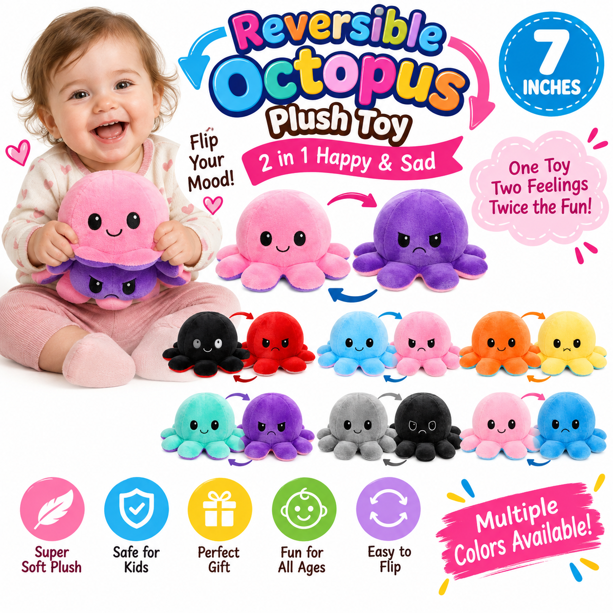Reversible Octopus Plush Toy 2 in 1 Happy & Sad Face Soft Stuffed Animal Cute Mood Flip Octopus Doll for Kids & Gifts
