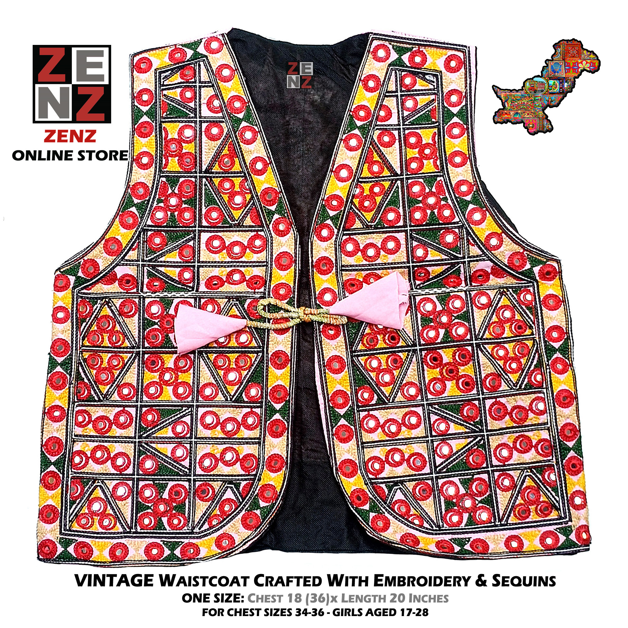 Pakistani Sindhi Balochi Kashmiri Traditional & Cultural Wear Waistcoat Koti Embroidered Zenz Multicoloured Embroidery for Girls & Women
