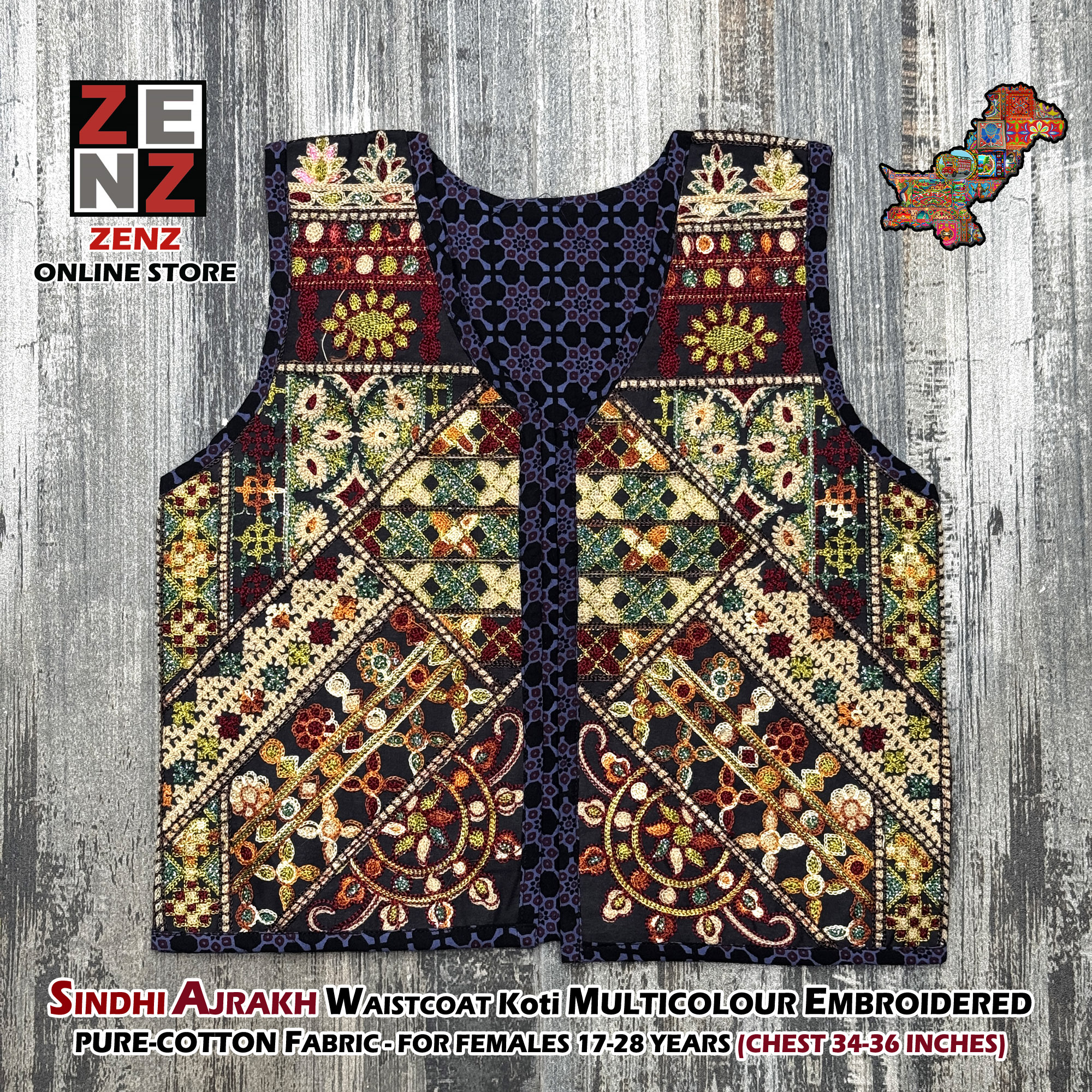 Sindhi Ajrak Traditional & Cultural Party Wear Embroidered Cotton Gilet Waistcoat Koti for Females Girls Women by ZENZ