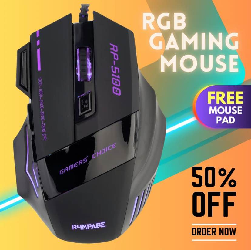7 Buttons RGB PRO Gaming Mouse with 3200dpi - Breathing LED USB Wired Optical Computer Mouse with 7 Buttons & Braided Wire including Side Buttons with FREE Mouse Pad.