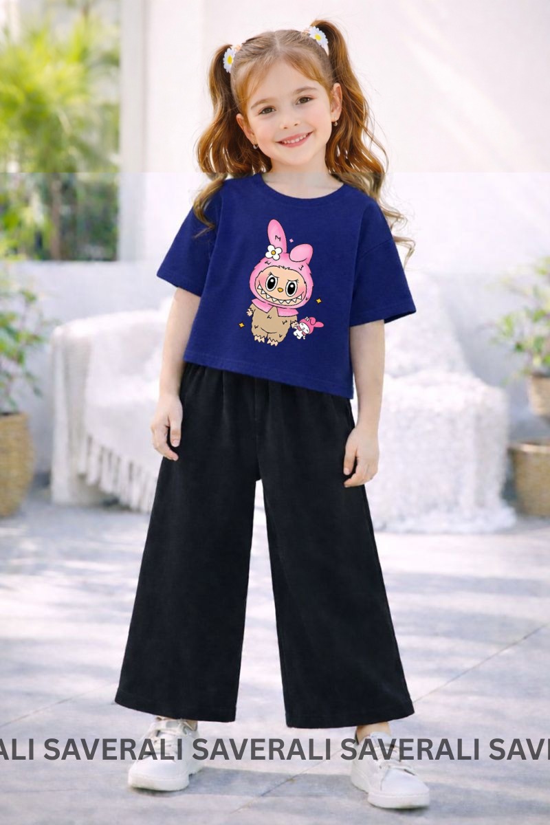 Eid Collection Kids Girls Labubu Printed T-Shirt & Flapper Suit | Soft Cotton | Cute & Comfortable | Ages 3–10 Years