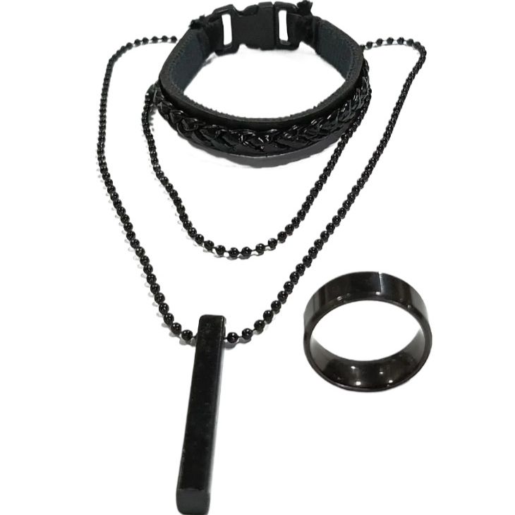 Triple Premium Combo Deal | 3 Pieces 3D Bar Stainless steel Necklace With Stainless Steel Titanium Ring And Black Comfortable Braid Bracelets For Men And Boys | Special Lockets set Gift For Men