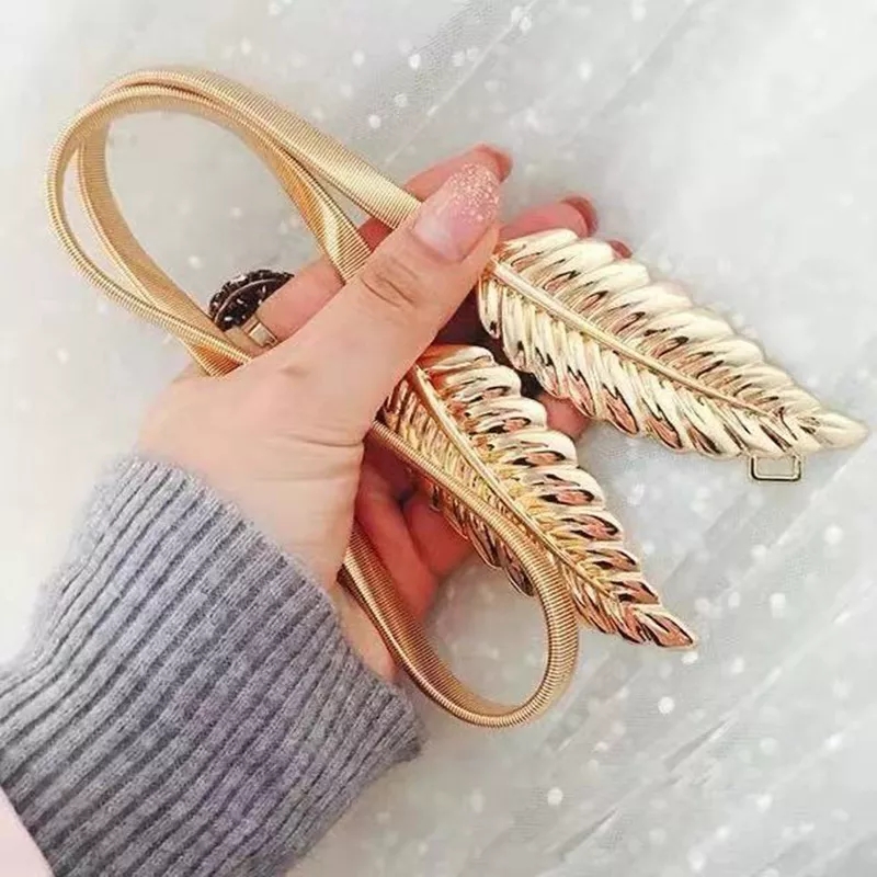 2022 New Leaf Shape Belts For Girl Women's Belt Gold Silver Leaf Elastic Metal Stretch High Waist Band Dress Cummerbund Wedding