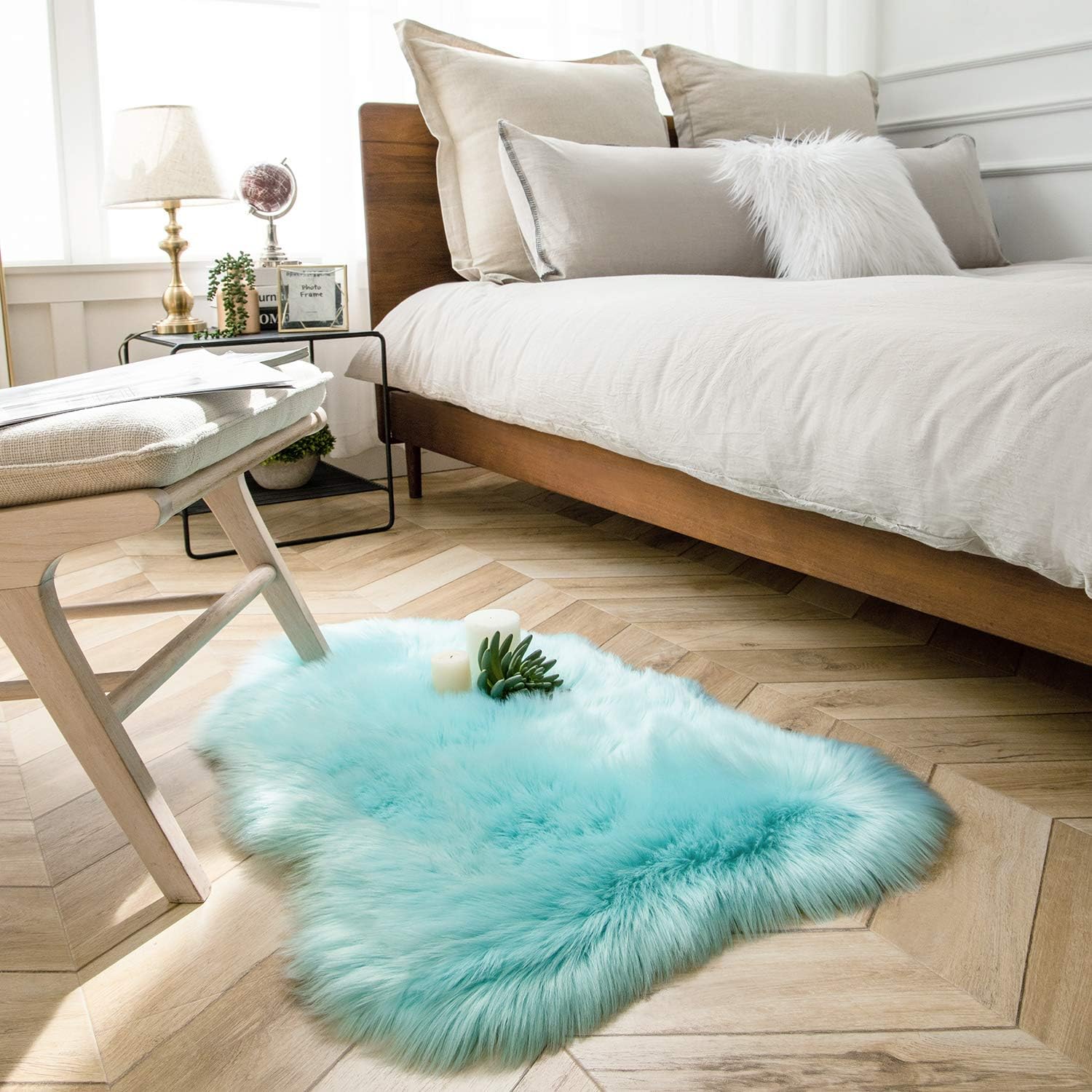 Faux Sheepskin Rug Sheep Foot Door Mat Rug 24inch x 33inch Turquoise Fuzzy