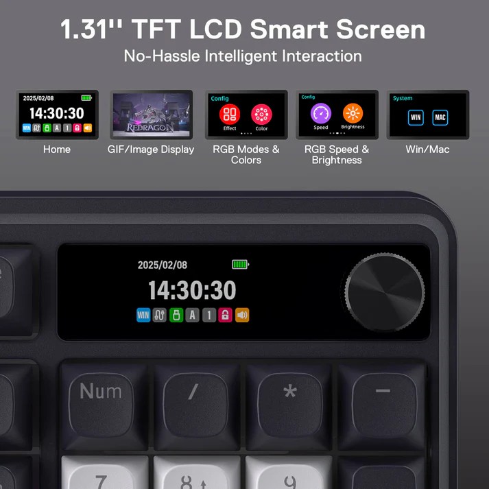 Redragon K762 PRO TERRAFLARE RGB Wireless Mechanical Gaming Keyboard White & Black with LCD Screen & Volume Knob 3-Mode Connectivity 20 bfe63a422798a6f3e83a98ddd177511c