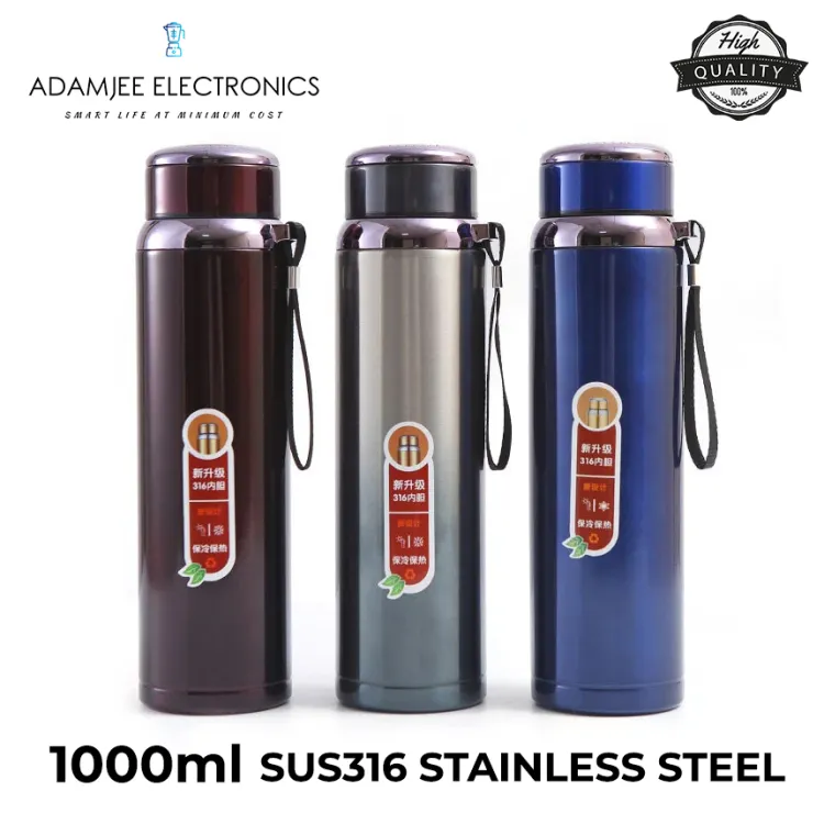 2 Large Insulated Thermo Vacuum Flask Coffee Mug Water Bottle Stainless  1000ml