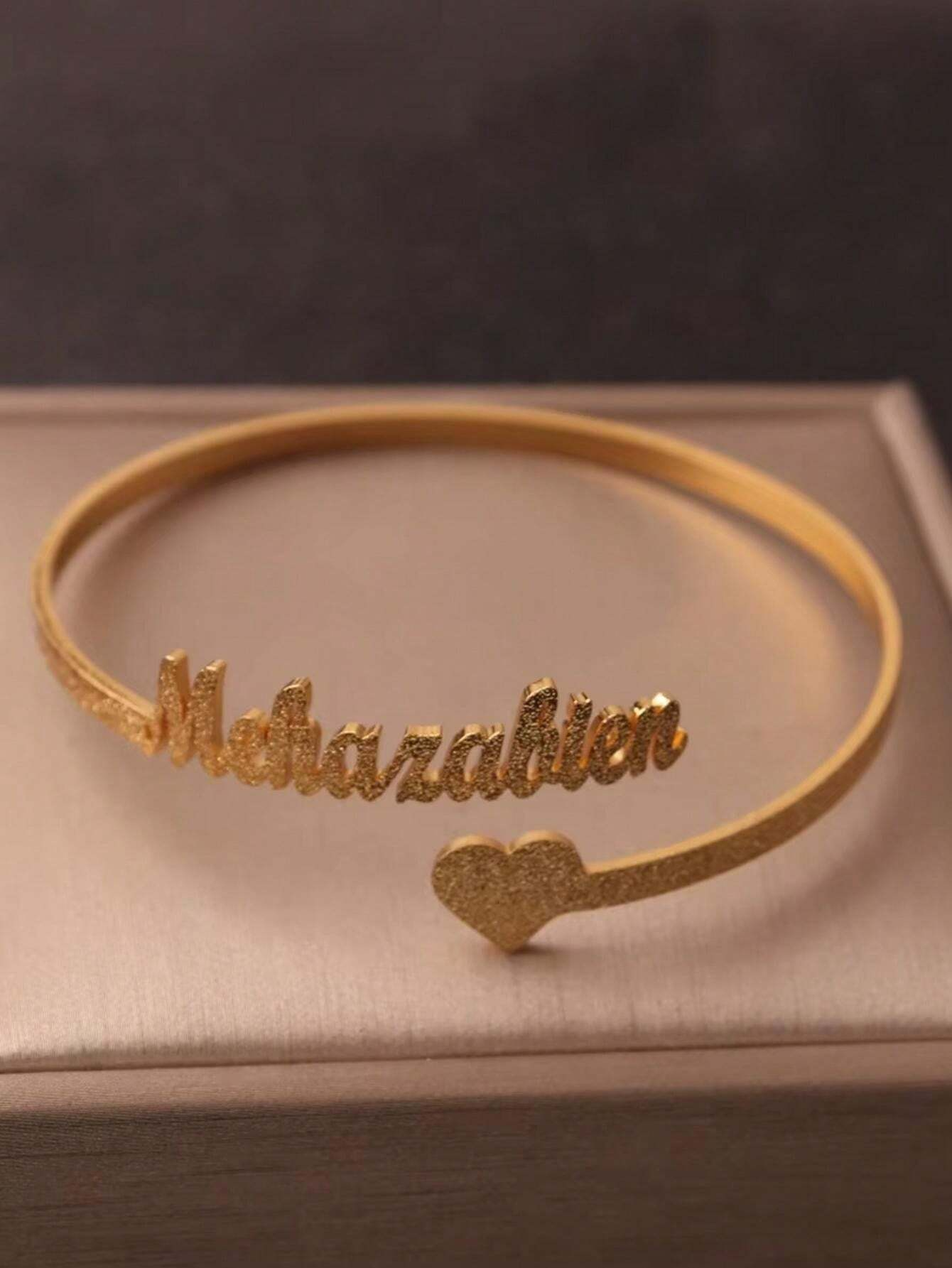 Personalized Custom Frosted Name Bangle Bracelet With Heart Open Adjustable Heart Bangle Jewelry Gift For Couple