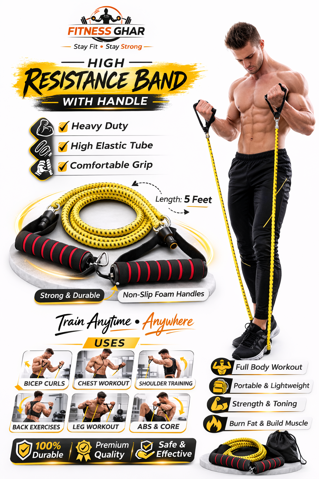 High Resistance Band with Handles – Fabric Elastic Pull Rope for Home Workout, Gym, Yoga & Strength Training for Male and Female, Made In Pakistan