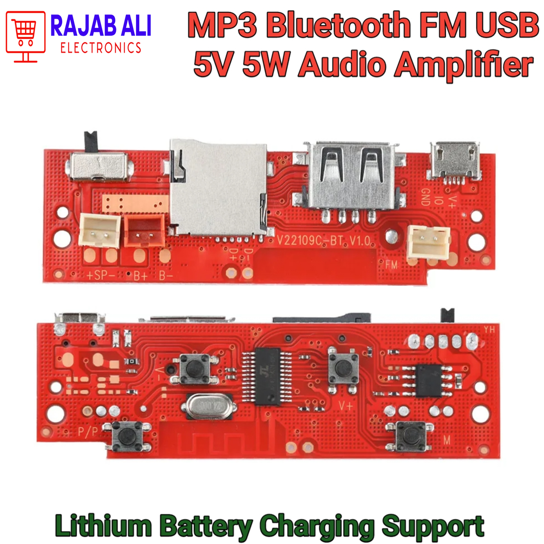 MP3 Bluetooth 5V Audio Amplifier Board 5W Output | USB + TF + FM Radio + Bluetooth Player | Lithium Battery Charging Supported