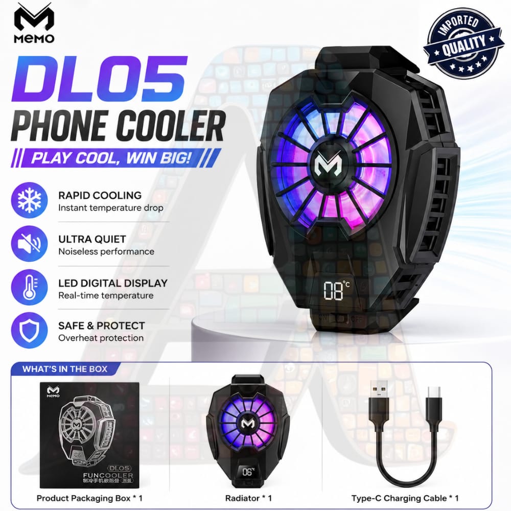 MEMO DL05 Phone Radiator – Phone Cooler – Cooling Fan for Mobile – Phone Cooler for Pubg – Mobile Phone Cooling Radiator Heat Sink for Gaming – Phone Cooling Fan with Temperature Display, for Gaming/Video Live/Vlog, Support 60-80mm Wide Smartphone