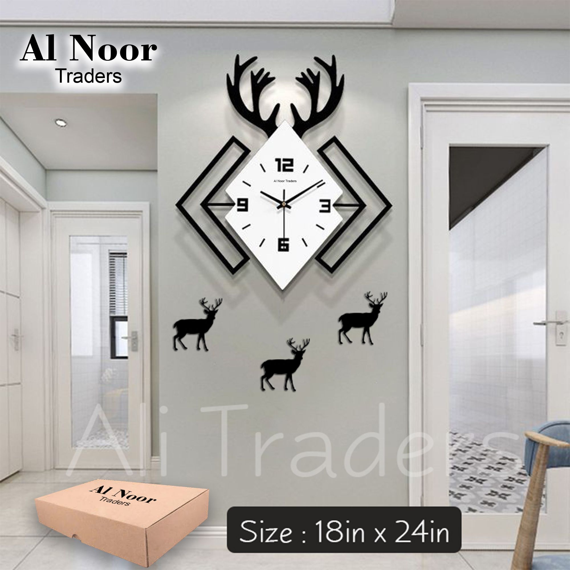 Al Noor Traders Brand Creative Design Wall Clock Big size 18in x 24in