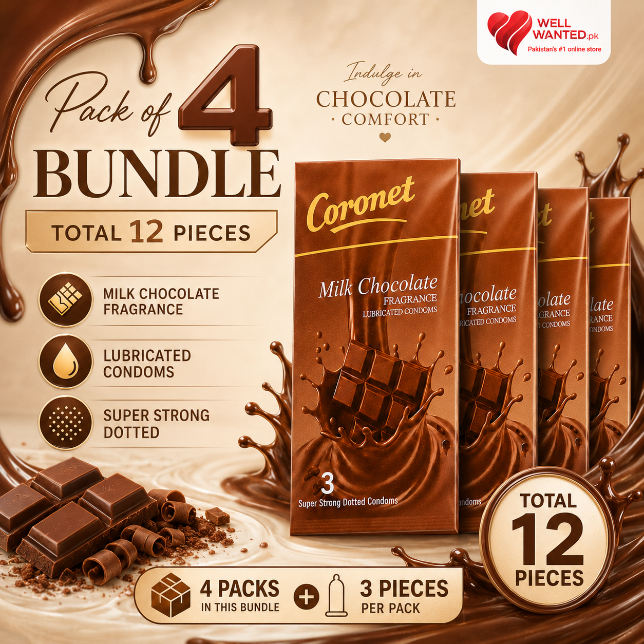 Coronet Milk Chocolate Fragrance Lubricated Condoms Pack of 4 Total 12 Pieces