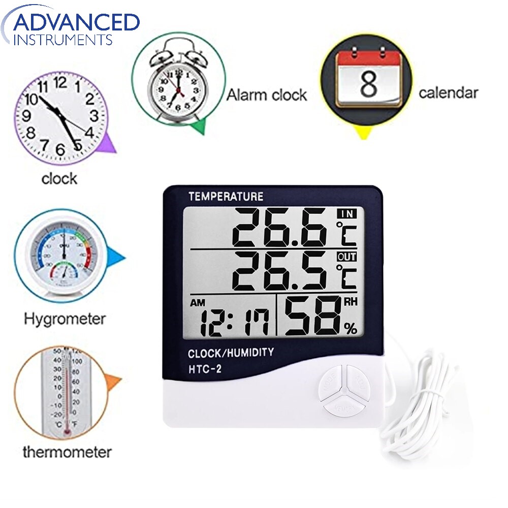 HTC-2 Indoor Outdoor Room Lcd Electronic Temperature Humidity Meter Digital Thermometer Hygrometer Weather Station Alarm Clock For Baby Room , Egg Incubator , Birds , Greenhouse   Fish Tank Aquarium , Fridge Temperature Controlling