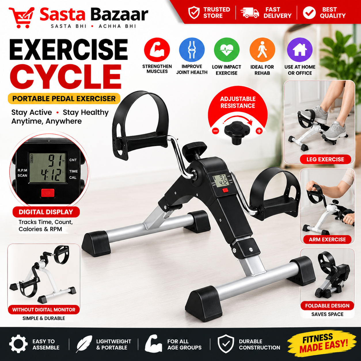 Sasta Bazaar - Exercise Cycle | Portable Pedal Exerciser | Digital Display Monitor & Without Digital Display Monitor | Arm & Leg Workout Machine | Compact Fitness Equipment for Home, Office & Physical Therapy | Adjustable Resistance | Low Impact Exercise
