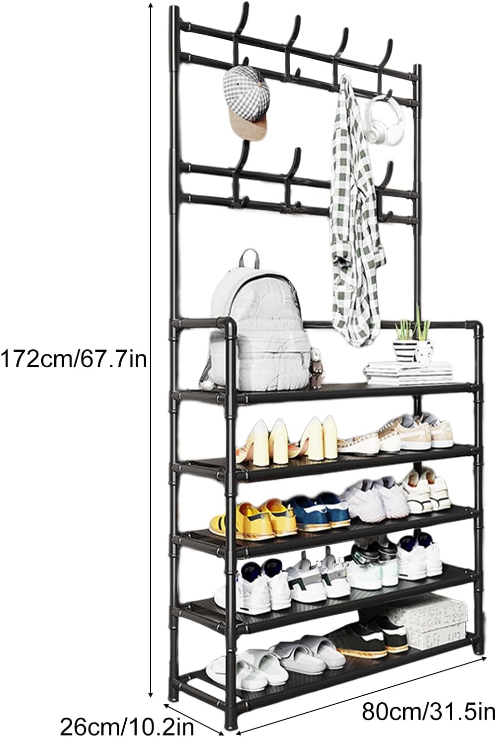 5-Layer Shoe and Coat Rack, 5-Tier Shoe Rack with Coat Hanger, Coat ...