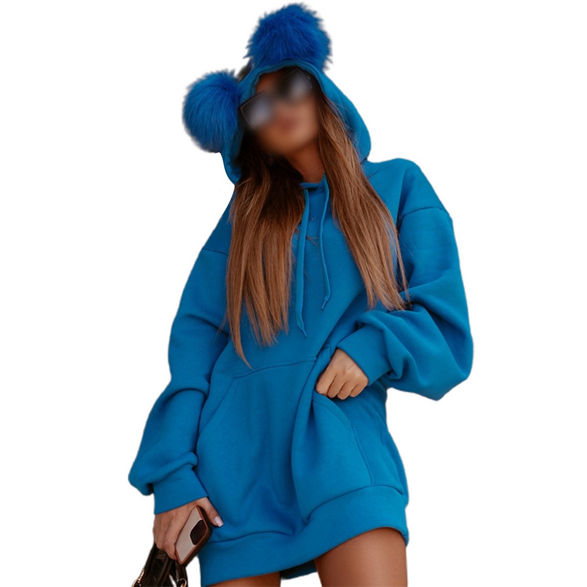 Hoodie Dress Long Sleeve Fluffy Pompom 