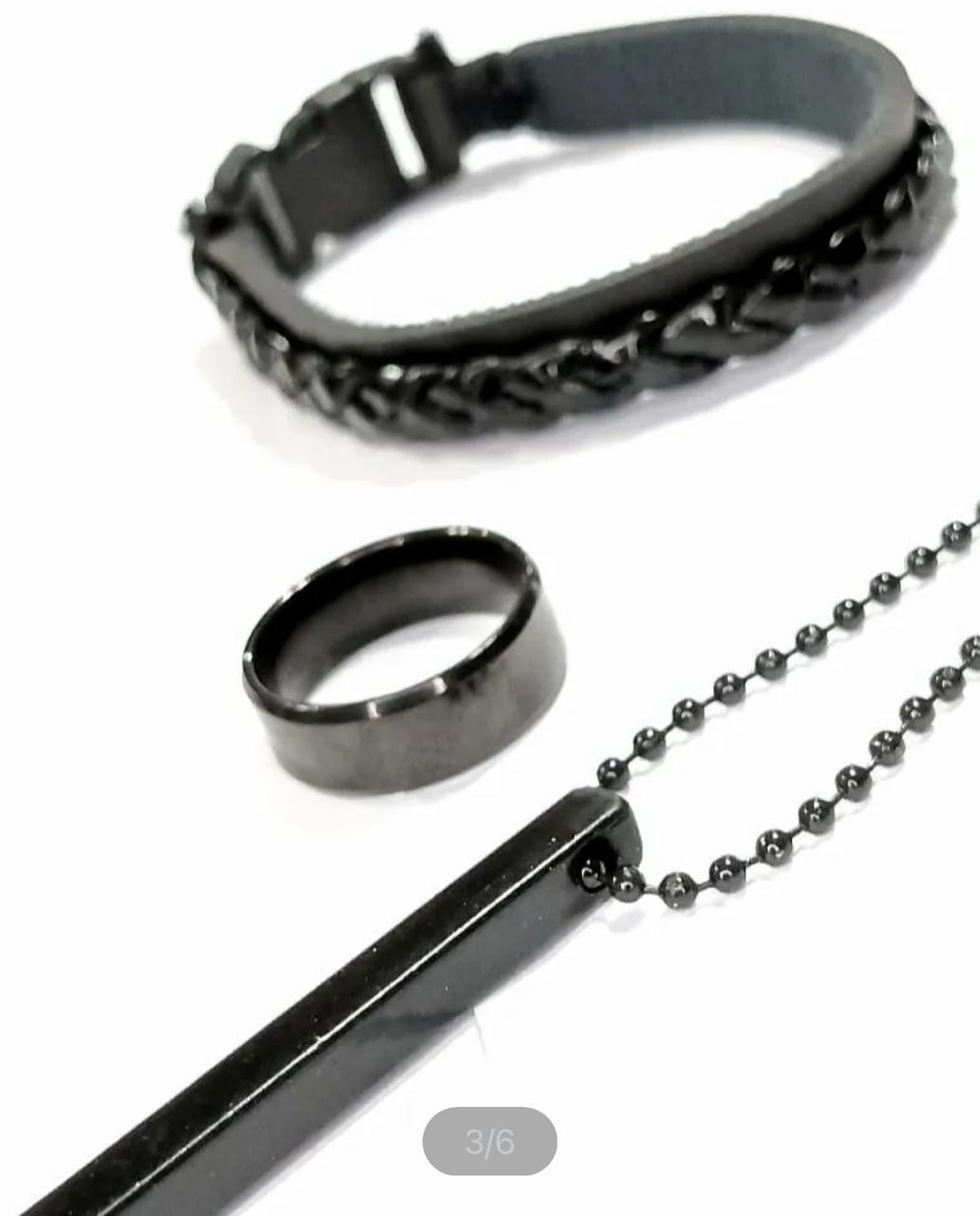 3pcs/ Most Papular 3D Bar Stainless steel Necklace With Stainless Steel Titanium Ring With Hand Made Comfortable Braid Braclet For Men And Boys /Special Lockets set Gift For Men No Fade Color