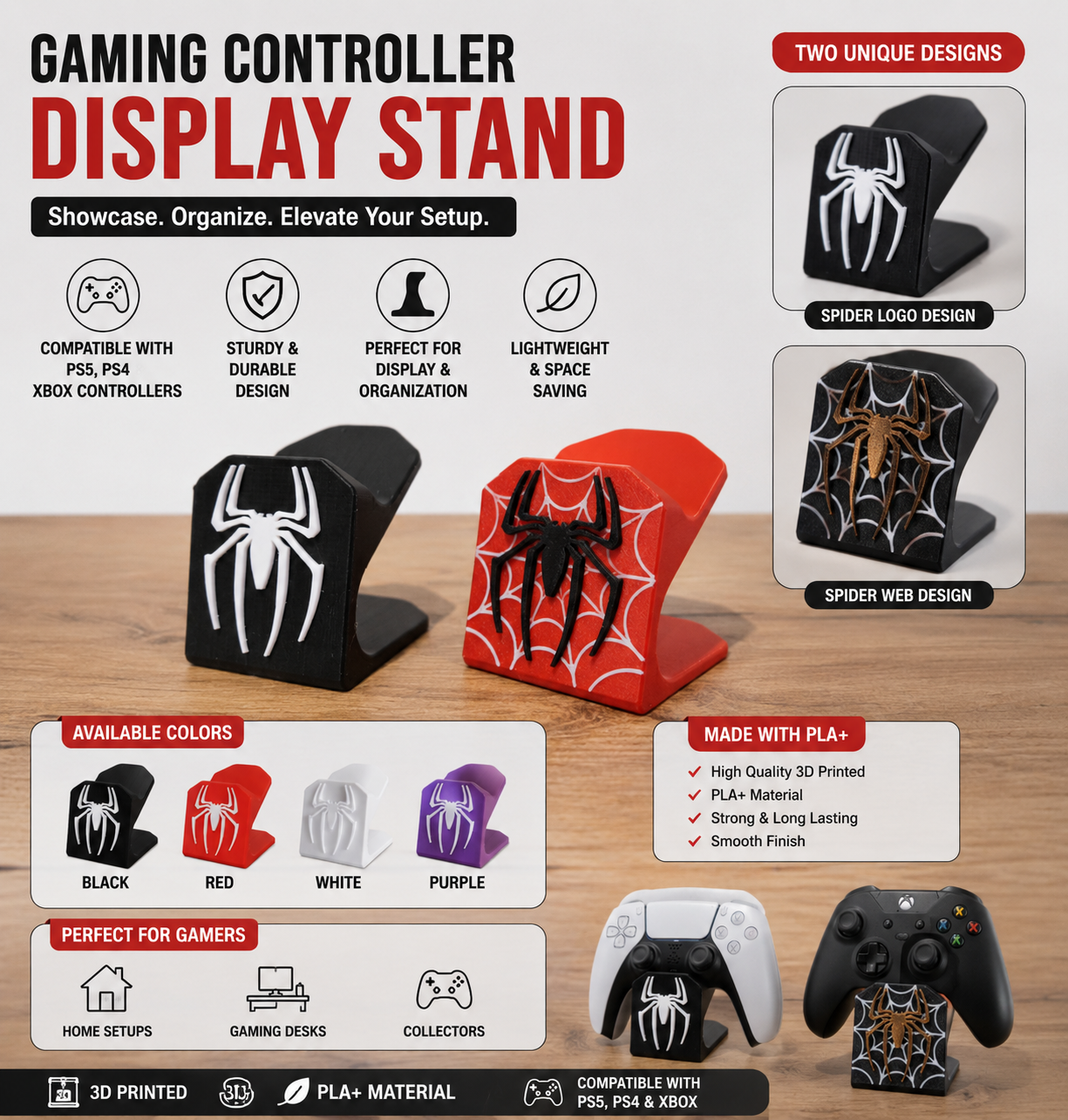 Spider Gaming Controller Stand Holder for PS5, PS4 & Xbox Controllers | Spider Logo & Spider Web Design